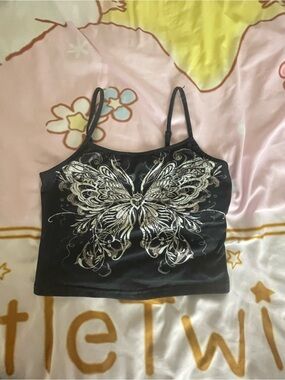 Black Butterfly Print Spaghetti Strap Tank Top